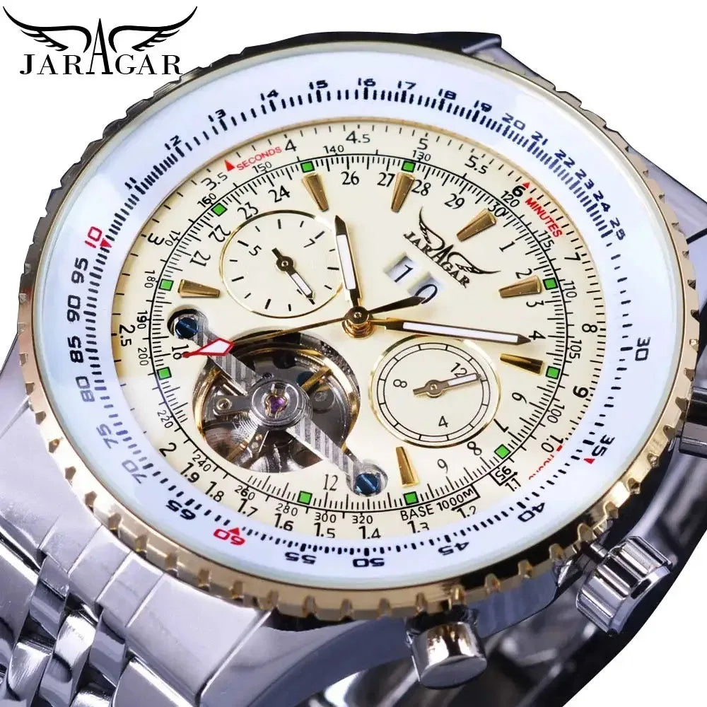 Jaragar 034 トップブランド レトロ ブルー 自動巻き 多機能 腕時計 ステンレススチール 日付 トゥールビヨン ホロウ スケルトン メンズウォッチ