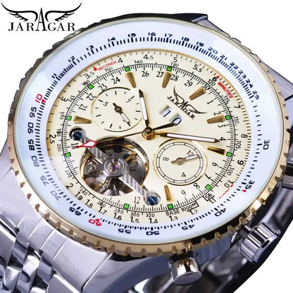Jaragar 034 トップブランド レトロ ブルー 自動巻き 多機能 腕時計 ステンレススチール 日付 トゥールビヨン ホロウ スケルトン メンズウォッチ