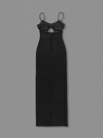 Sexy Spaghetti Strap Mesh Patchwork Hollow Out Bandage Dress Women Black Sleeveless V Neck Bodycon Dresses Evening Party Gowns