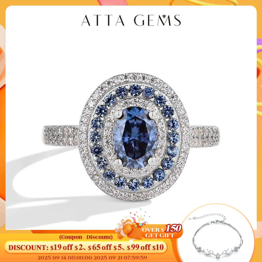 ATTAGEMS Blue Moissanite Women Rings Oval Cut 1.0CT Real S925 Sterling Silver Jewelry For Wedding Engagement Ring With Certified