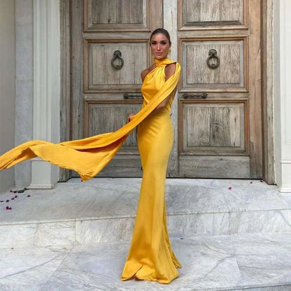 Elegant Satin Ribbon Halter Backless Sleeveless Dress for Women Slim Fit Party Evening Robes Lady Solid Color Autumn Summer 2025
