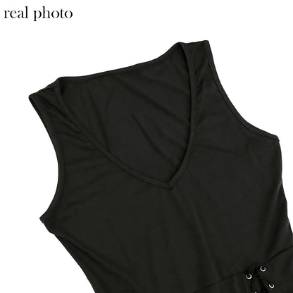 Goth Dark Gothic Coquette Sleeveless V-Neck Mid Dress Punk Sexy High Split Hem Corn Bandage Party Dresses Women Slim Streetwear