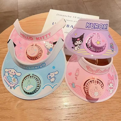 New Cute Kuromi Kids Sun Hat with Cooling Fan Summer Breathable Uv Protection Cap for Boys Girls Outdoor Play Wide Brim Visor