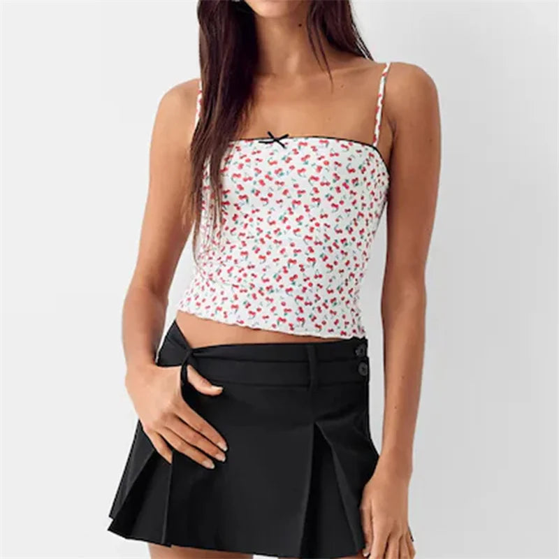 Lamuusaa Sexy Crop Tops Women 2024 Solid Color/Graphic Print Spaghetti Strap Sleeveless Camisole with Bow Summer Streetwear