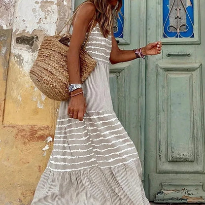 Maxi Long Dress Women Mom Boho Round Neck Sling Dresses Striped Sleeveless Loose Summer Streetwear Print Loose Casual Vestidos
