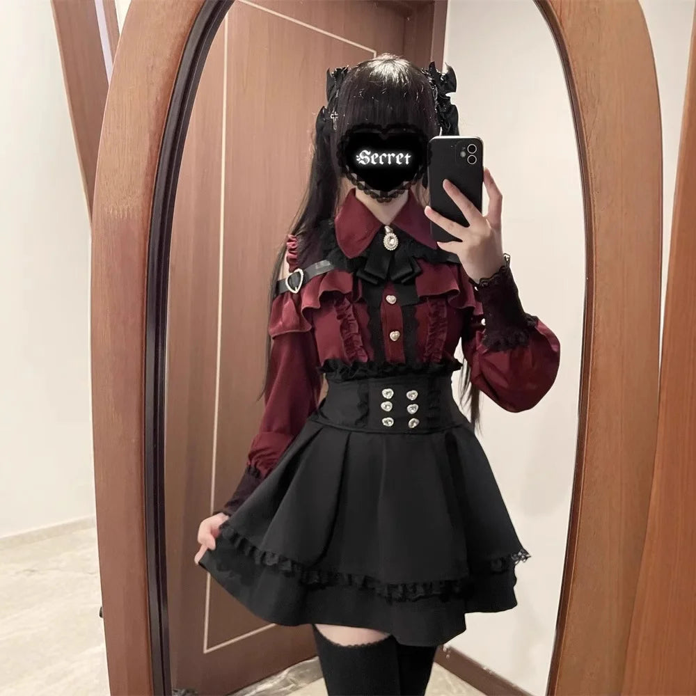 Kawaii Off Shoulder Long Sleeve Shirts Women Black Short Skirt Set Y2K Gothic Ruffle Skirts Lace Lolita Shirt Gown Suit ﻿﻿﻿﻿﻿
