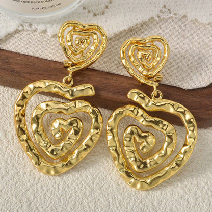 Gold Plated Hammered Heart/Round Spiral Drop Earrings Double Layer Statement Dangle Jewelry For Women Bohemian Vintage Style