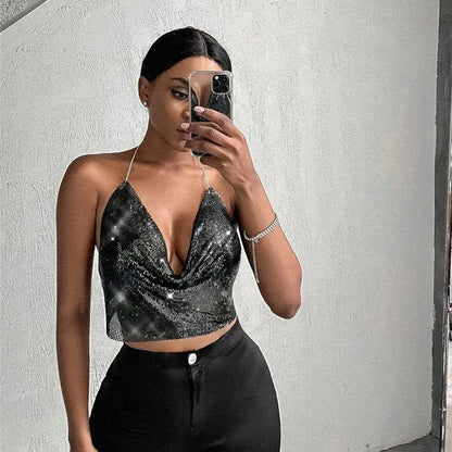 Women's Sexy Metal Sequins Open Back Chain Sling Vest Top Sexy Nightclub Party Tank Tops ﻿