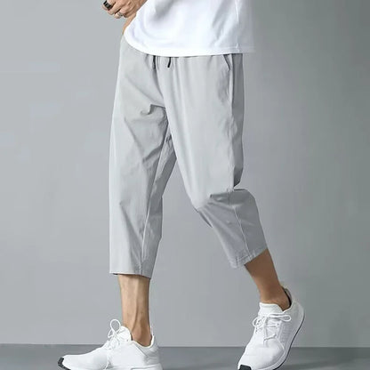 2025 New Summer Men's Ice Silk Pants Hong Kong Style Trendy Loose-Fit Straight-Leg Cropped Pants Korean Version Casual Pants