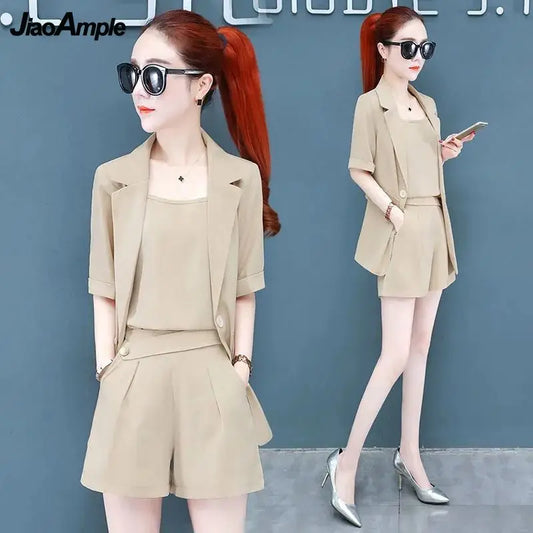 2025 Summer New Suit Vest Shorts Three-piece Women's Elegant Professional Wear Korean Fashion Slim Blazers Suspenders Pants Set