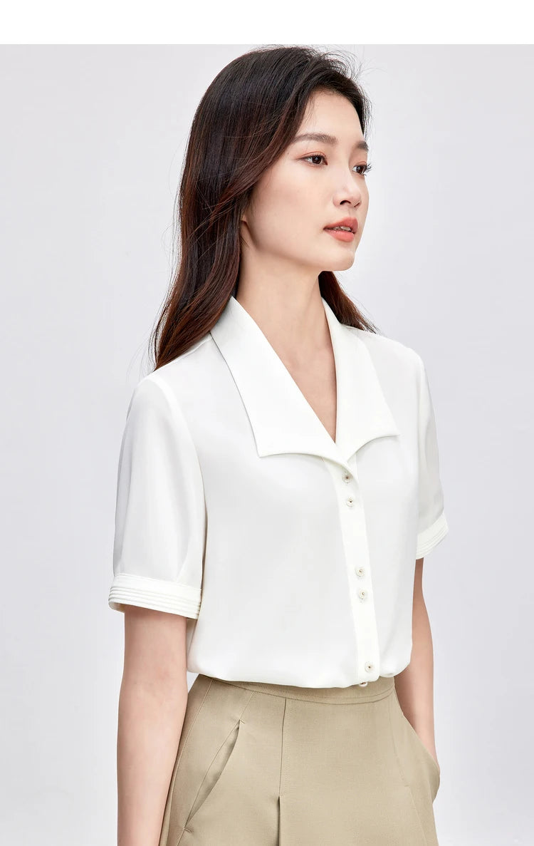 SENTUBILA Turn Down Collar Shirt Women Summer 2025 Twill Texture Chic Button Short Sleeve Elegant Solid Woman Blouse 152C87931