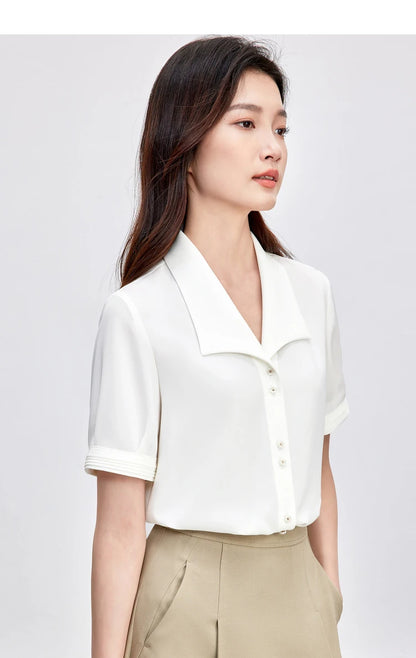 SENTUBILA Turn Down Collar Shirt Women Summer 2025 Twill Texture Chic Button Short Sleeve Elegant Solid Woman Blouse 152C87931