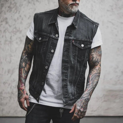 2024 new men's denim jacket retro fashion motorcycle sleeveless denim jacket high street handsome motorcycle vest men's clothing