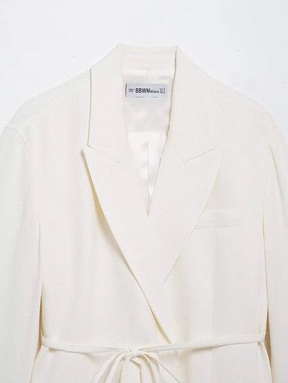 TRAFZA Women's Suits White Turn-Down Collar Long Sleeves Lace-Up Blazers+High Waist Zipper Long Pants Female Spring Fashion Sets