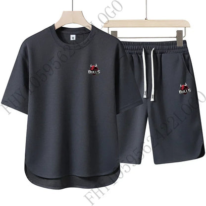 Men's new summer fashion sports suit casual fashion fitness jogging wear round neck T-shirt + breathable disconnect 2-piece set