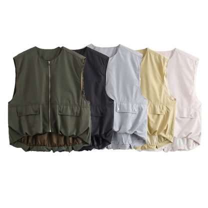 SIYANG Women Fashion Chic Loose Sleeveless Pockets Vests Female O-Neck Pleated Hem Waistcoats Ladies Casual Streetwear