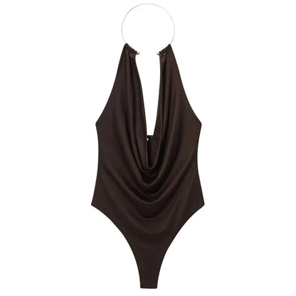 HXAO Halter Neck Bodysuits Sexy Summer Off Shoulder Bodysuit Women Brown Top Ruched Ring Backless Thong Bodysuit Woman One Piece