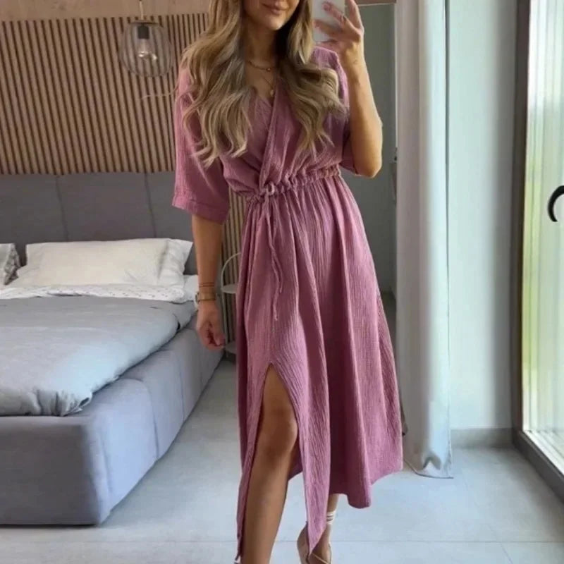 Elegant Party Dresses Women 100% Cotton Muslin Gauze Holiday Beach Casual Corset Waistband Ladies Robe Loose Soild Sundress