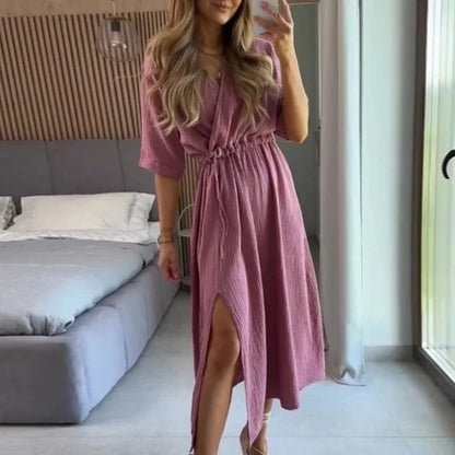 Elegant Party Dresses Women 100% Cotton Muslin Gauze Holiday Beach Casual Corset Waistband Ladies Robe Loose Soild Sundress