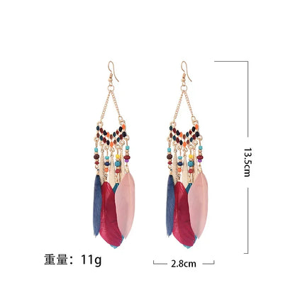 ボヘミアンエスニックフェザーダングルイヤリング レディース トレンディなロングタッセル カラフルビーズ ドロップイヤリング ガール 女性 ボヘミアンジュエリー