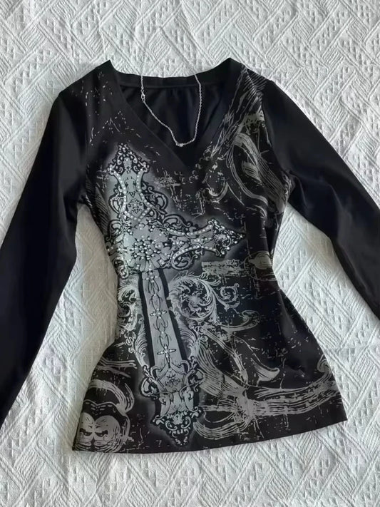 Vintage Clothes Women Print Sexy Punk Streetwear Slim Femme Tees Shirt Gothic Casual Grunge T Shirts 2000s Emo Y2k Crop Top