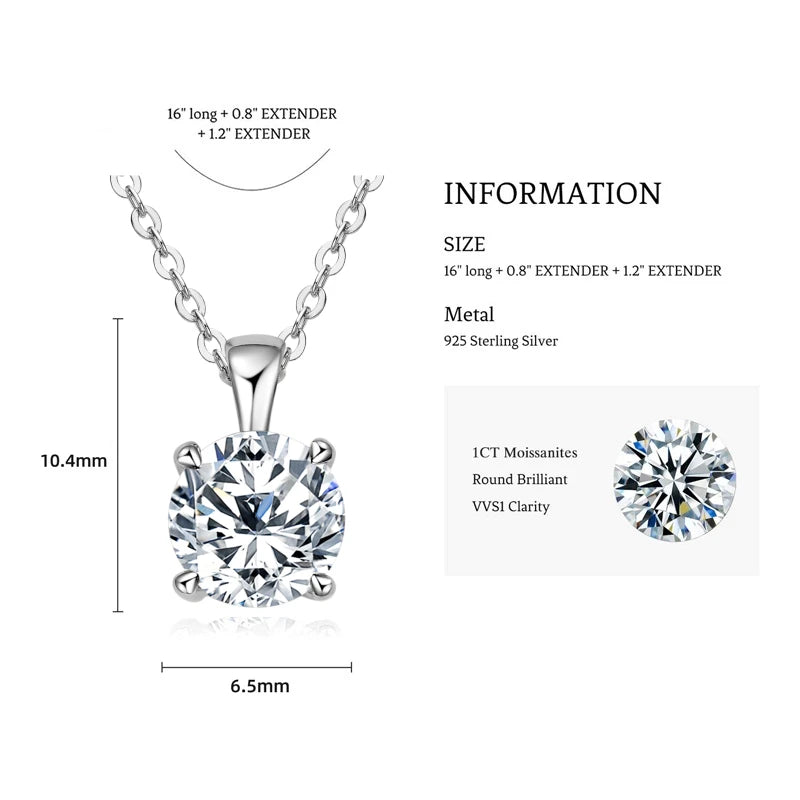 IOGOU Sparkling Real 1 Carat D Color Moissanite Pendant Necklaces For Women 100% 925 Silver Wedding Fine Jewelry Accessories
