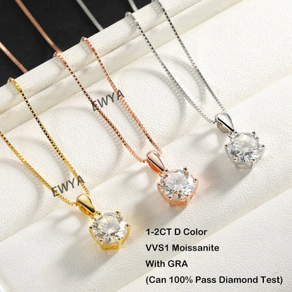 EWYA 1 2カラット 本物モアサナイト ペンダントネックレス レディース用 6本爪 100% 925スターリングシルバー ウェディング パーティー ブライダル ファインジュエリー