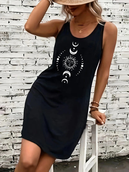 Women's summer loose and comfortable casual sun and moon pattern printed black sleeveless vest dress punk style dress