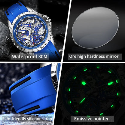 LIGE Top Brand Luxury Mechanical Tourbillon Watch Fashion Business Sport Waterproof Luminous Silicone Skeleton Automatic Watches