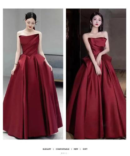 party dresses women evening satin strapless host evening dress female banquet temperament bride toast wine red black prom dress