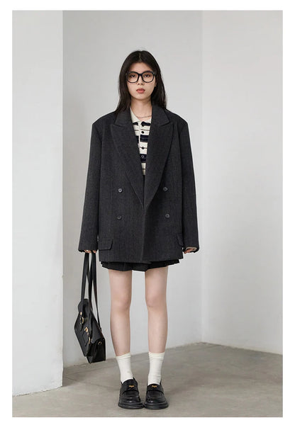 CHIC VEN Women Woolen Blazer Loose Vintage V Neck Female Jacket Suit Double Breasted Office Ladies Coat Spring Autumn 2025