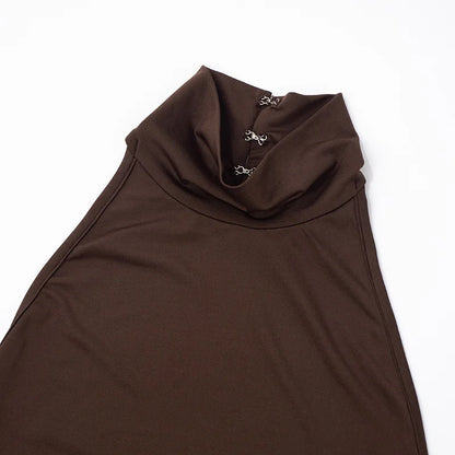Mozision Turtleneck Backless Ruched Sexy Maxi Dress Women Brown Off-shoulder Backless Bodycon Club Party Long Dresses Female