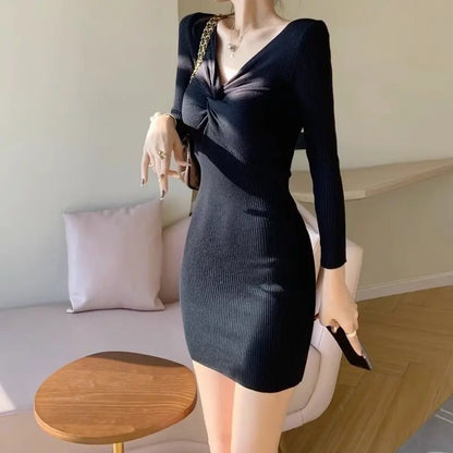 レディース セクシー Vネック ボディコン リブ編み ニット エレガント パーティードレス 春秋 ファッション Y2K 無地 長袖 クラブ ベーシック ミニドレス