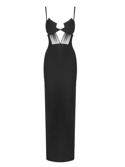 Sexy Spaghetti Strap Mesh Patchwork Hollow Out Bandage Dress Women Black Sleeveless V Neck Bodycon Dresses Evening Party Gowns