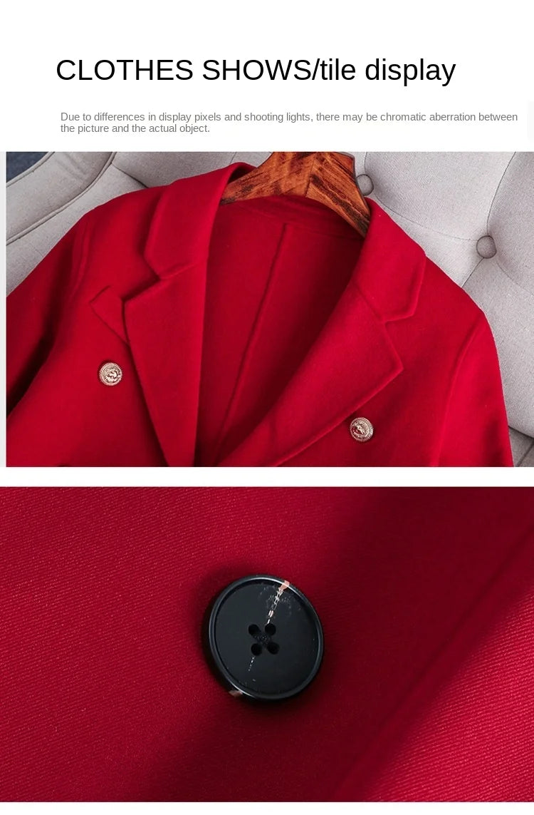 2022 Winter High-end Women's Business Suit Pants Two-piece Set Temperament Slim Solid Color Lady Double Breasted Trench Coat