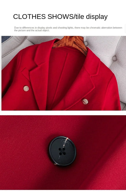2022 Winter High-end Women's Business Suit Pants Two-piece Set Temperament Slim Solid Color Lady Double Breasted Trench Coat