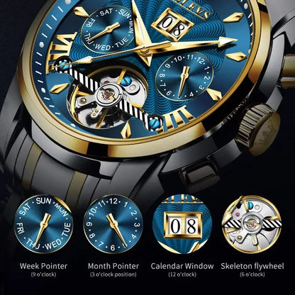 OLEVS 9965 Mechanical Watch for Men Tourbillon Dial Dual Calendar Display Luminous Automatic Mechanical Men's Watch