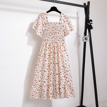 Summer Autumn Fashion Female Short Sleeve Elastic Waist Printed Floral A-line Midi Dress Women Chiffon Dresses Casual Dress