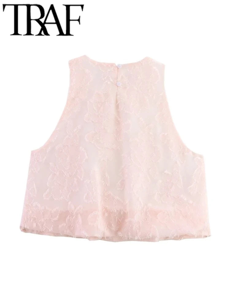 TRAF GAL 2025 Summer Lightweight Women Tanks Sleeveless O Neck Jacquard A Line Female Crop Top Casual Ball Gown Vest Y2K