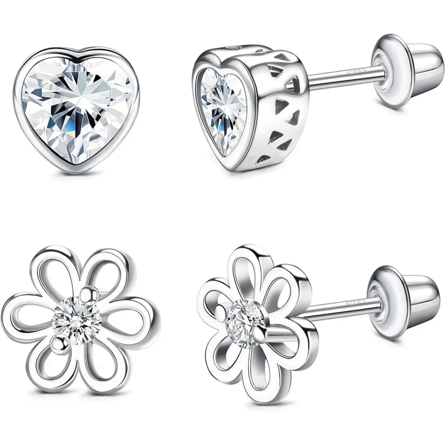 Fansilver 2pcs 925 silver Screw Back Earrings for Women Heart Flower CZ Earring Studs Tragus Cartilage Piercing Jewelry