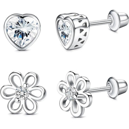 Fansilver 2pcs 925 silver Screw Back Earrings for Women Heart Flower CZ Earring Studs Tragus Cartilage Piercing Jewelry
