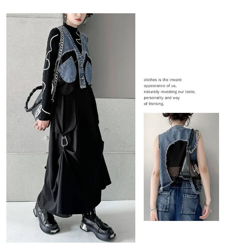 Grid Stitching V-Neck Denim Vest Women's Summer Fried Street Fashion Brand Loose Burrs Short Sleeveless Vests Jackets Female