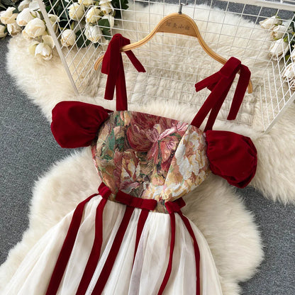 France Vintage Bow Mesh Wedding Runway Party Dresses Women Summer Fashion Elegant Strap Graduation Evening Vestidos Ladies Robe