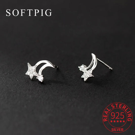 SOFTPIG Real 925 Sterling Silver Zircon Star Moon Stud Earrings For Women Classic Fine Jewelry Minimalist Accessories