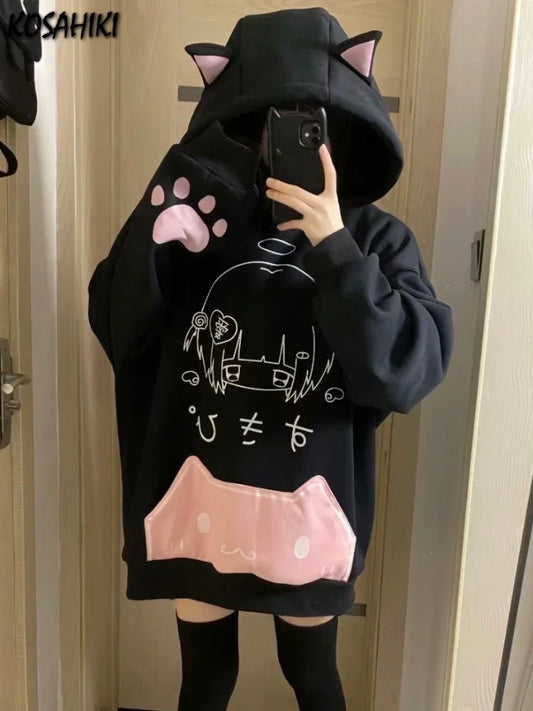 日本の漫画プリントフリースパーカー レディース 原宿ゴシック 猫耳 フード付き ヴィンテージ パーカー ストリートウェア Y2K 美的 スウェットシャツ