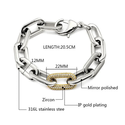 Fashion Women Big Chunky Bracelets Chains with Blink Rhinestones Link Gold Silver Color Surgical Stainless Steel Bracelets