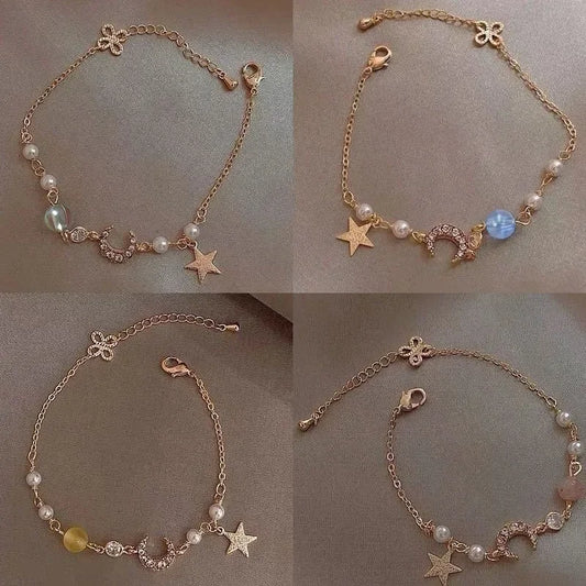 Girls Gold Color Zircon Star Moon Pearl Bracelet Simple Geometric Fashion Women Chain Bracelets Charming Elegant Jewelry Gift