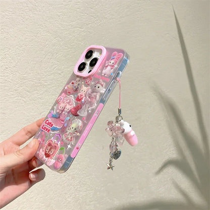 高級レーザーレインボーキュートピンクハートラブキャット漫画電話ケース iPhone 12 13 14 15 16 Pro Max Y2k 3Dふわふわ猫人形ストラップ