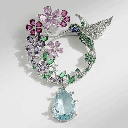 Exquisite Zircon Hummingbird Brooches Temperament Colored Flower Pins and Broche for Woman Man Suit Coat  Accessories