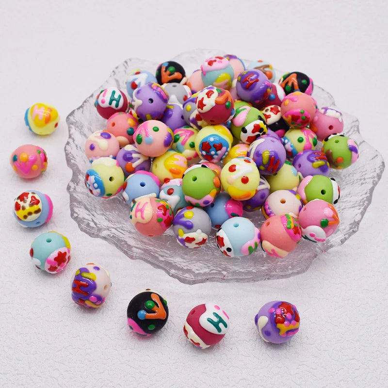 10pcs/bag Acrylic Beads Fashion Hand Drawn Cartoon Painting Loose Beaded DIY Handmade DIY Bracelets Mobile phone chain Bead Pen